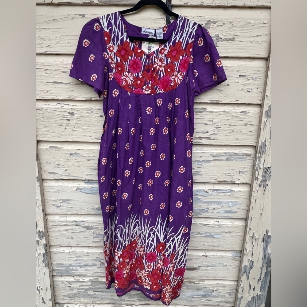 Vintage 80s Loungees Floral Cotton Hawaiian MuMu Loungewear Midi Dress NWT Small